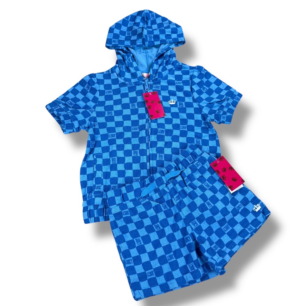 NWT Juicy Couture Kids‎ Blue Checkered Short Sleeve Hoodie & Shorts Set Small S